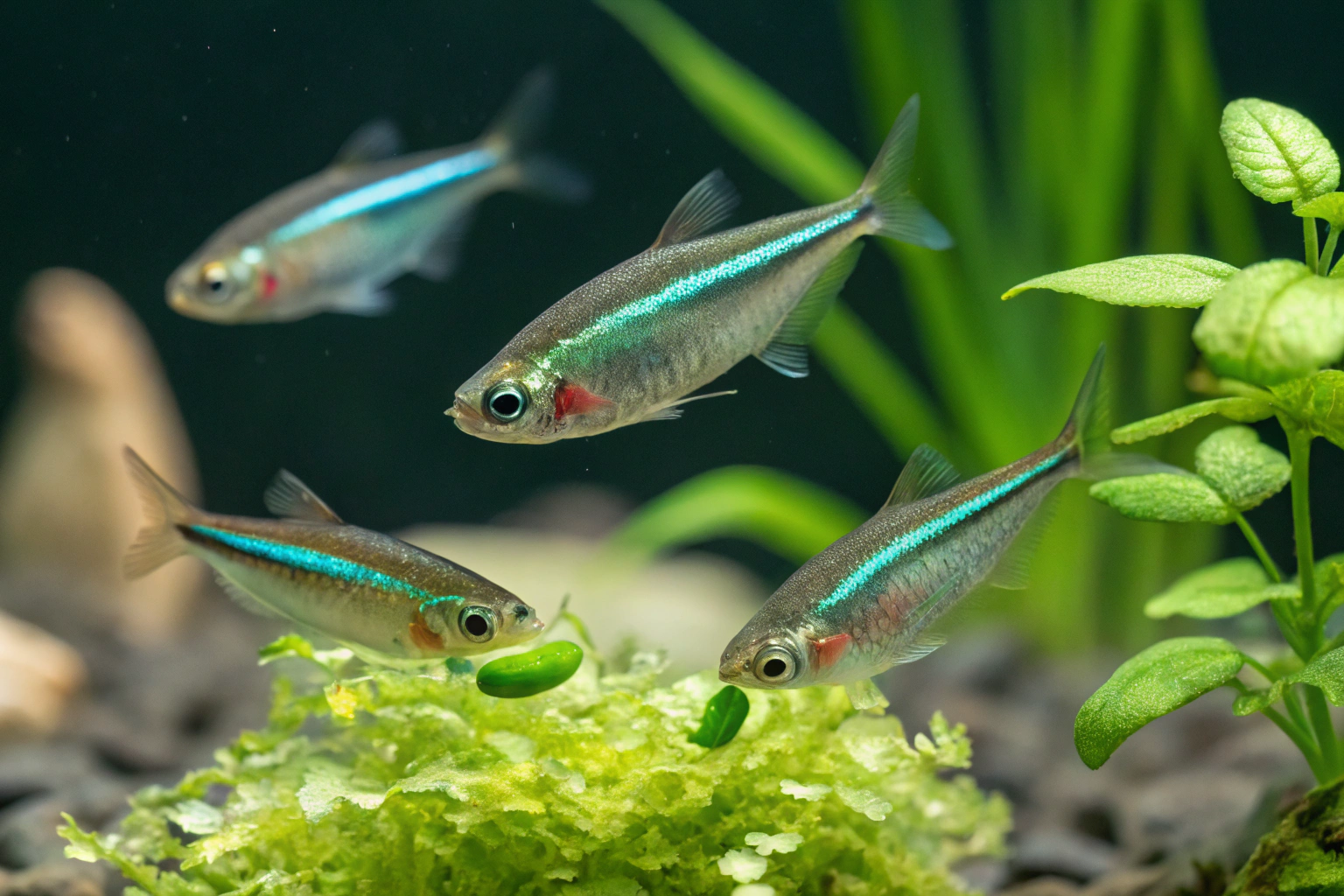close up shot of multiple green neon tetras active 1