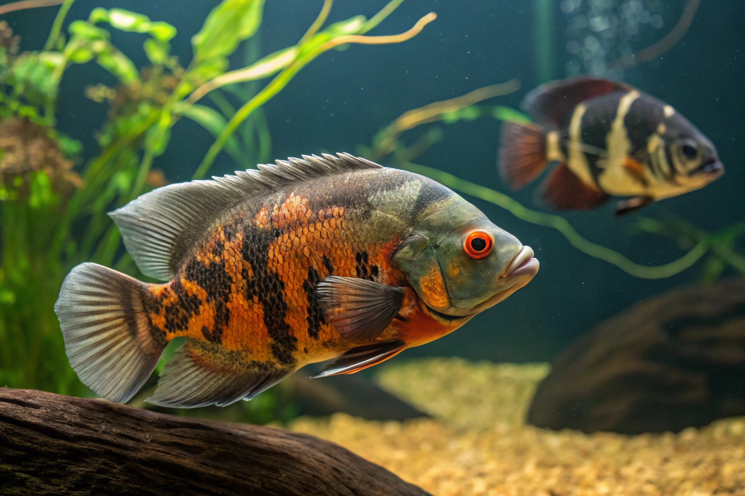 close up view of a beautiful adult oscar fish ast