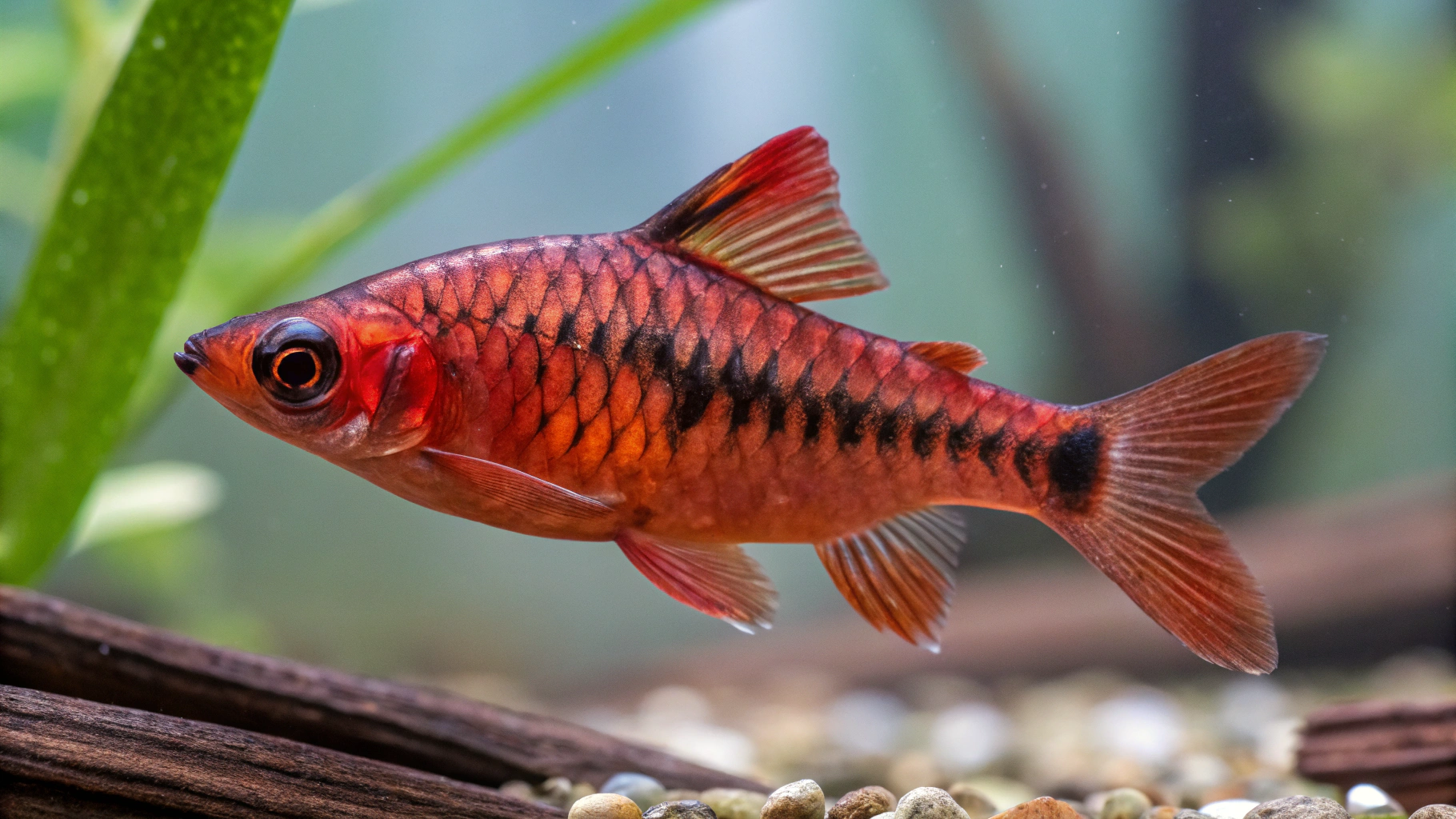 detailed close up photograph of a male cherry barb