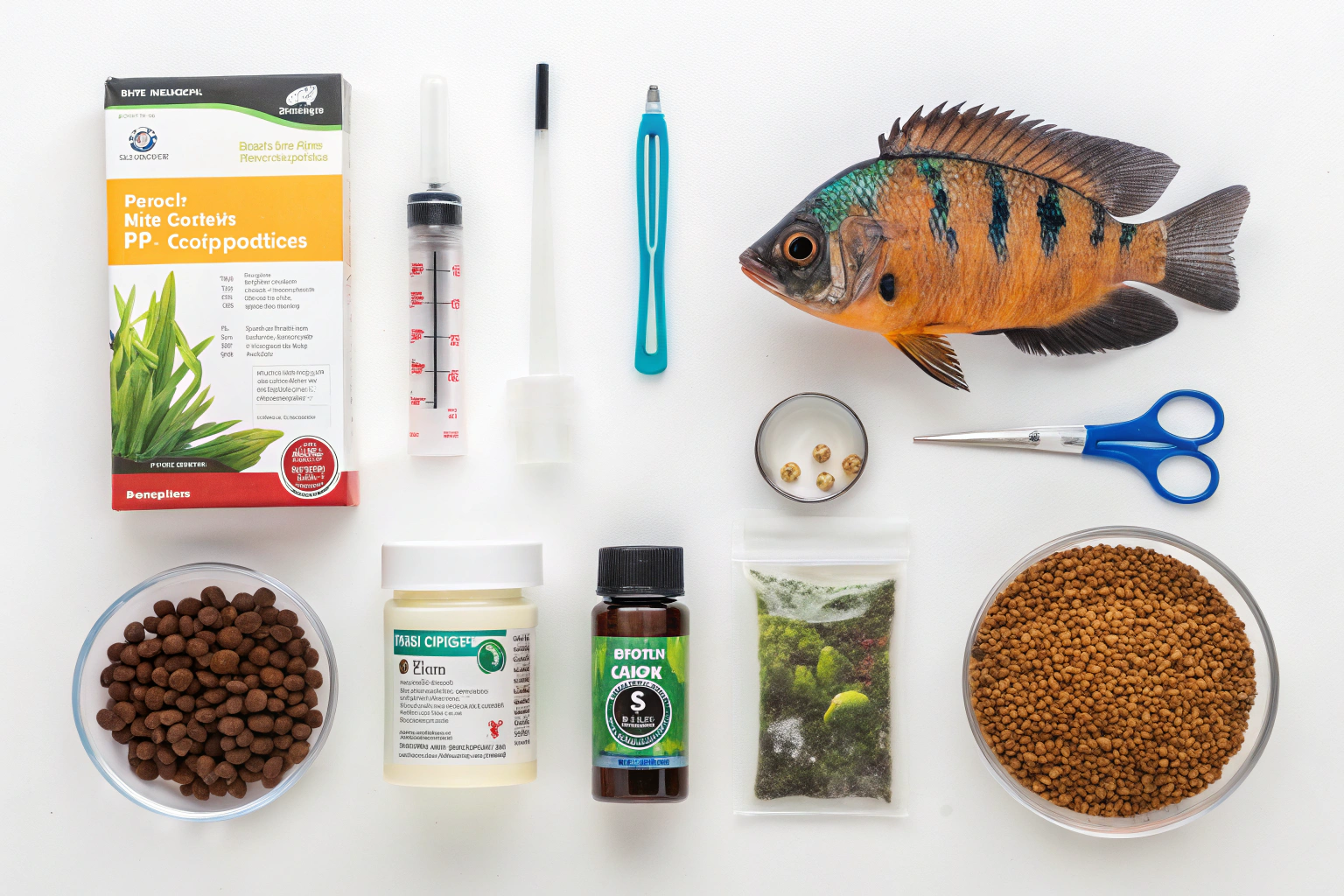 flat lay arrangement of oscar fish care essentials