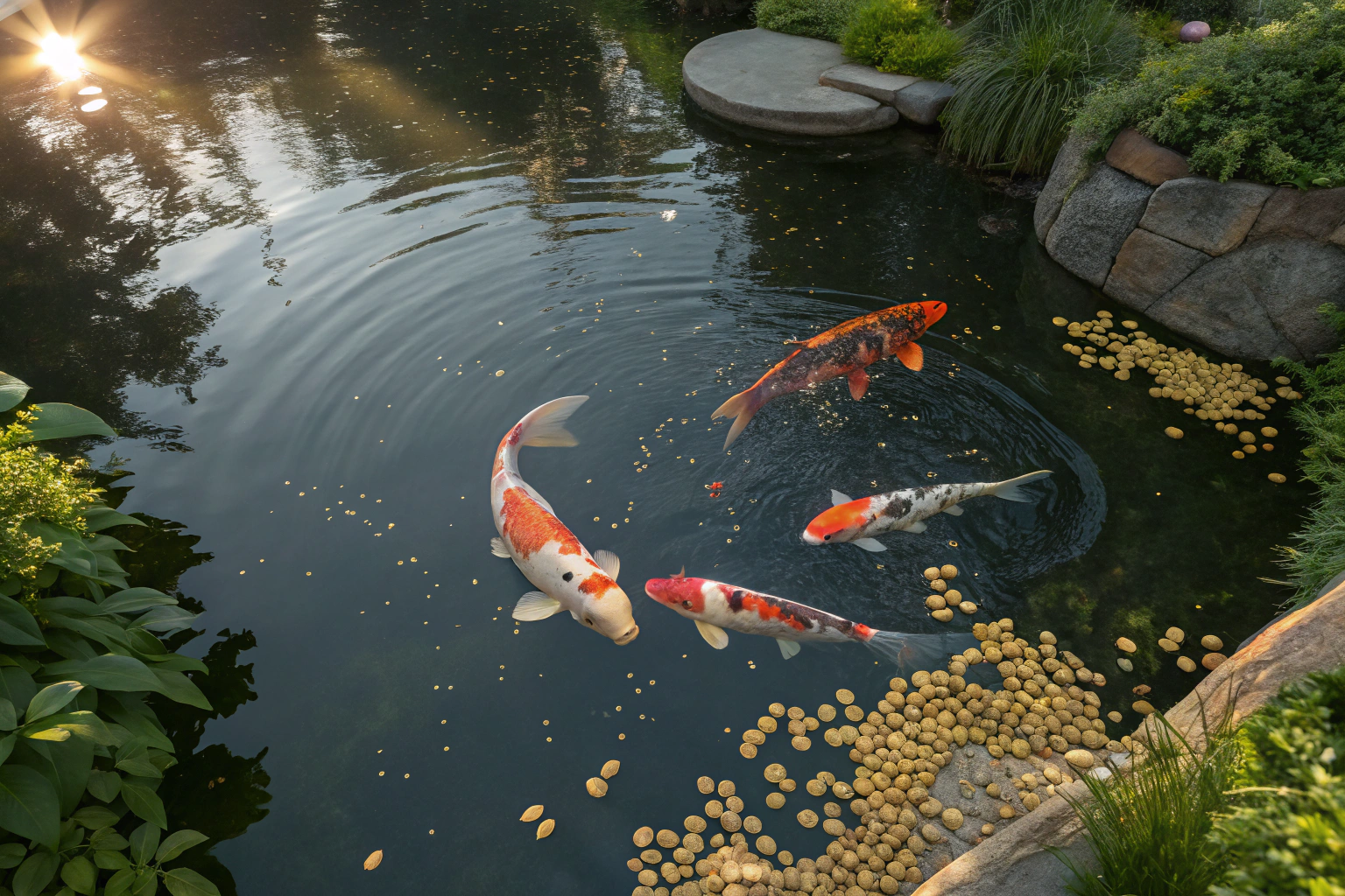 overhead view of a garden pond during feeding time