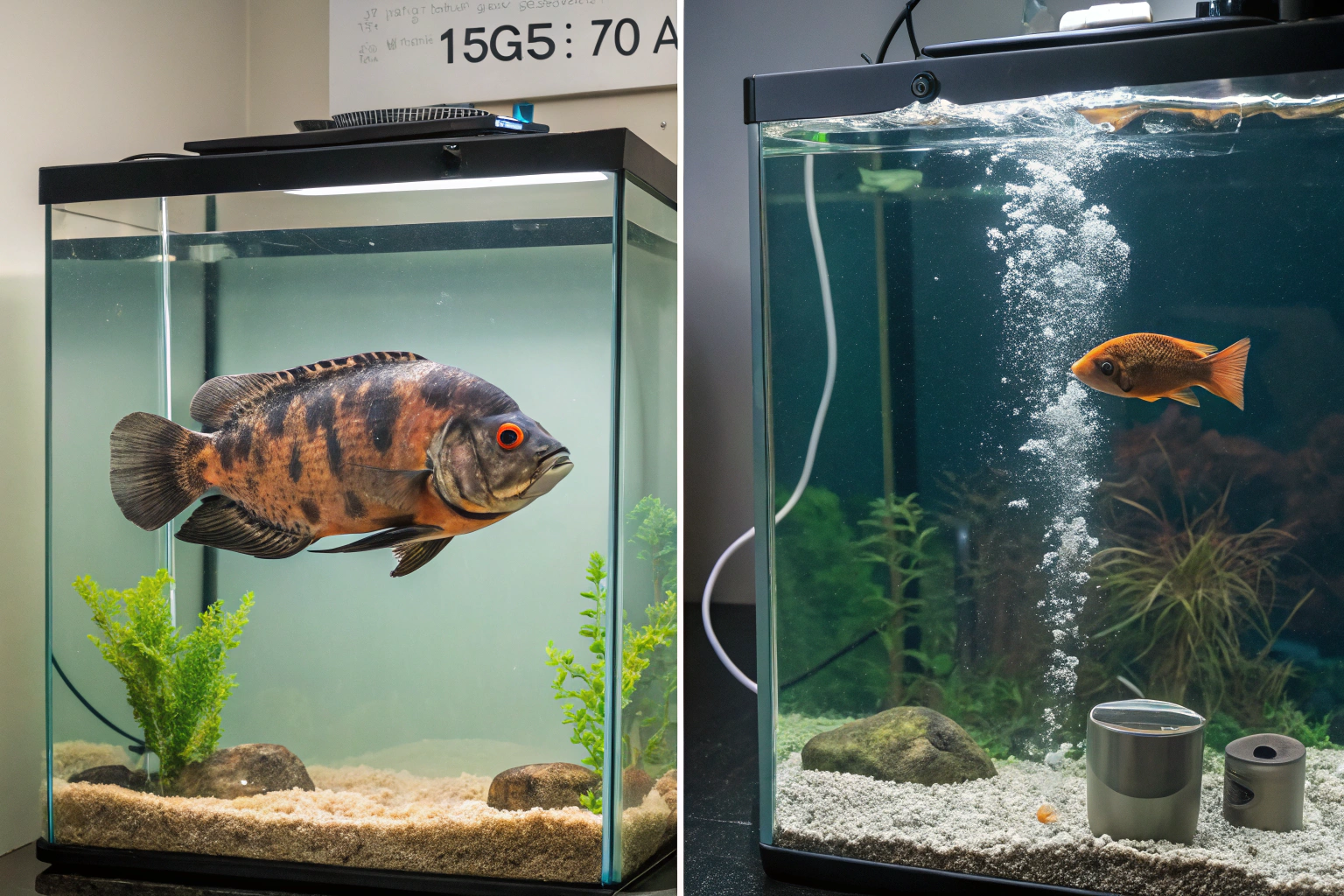split image showing oscar fish in cramped 75 gallo 1
