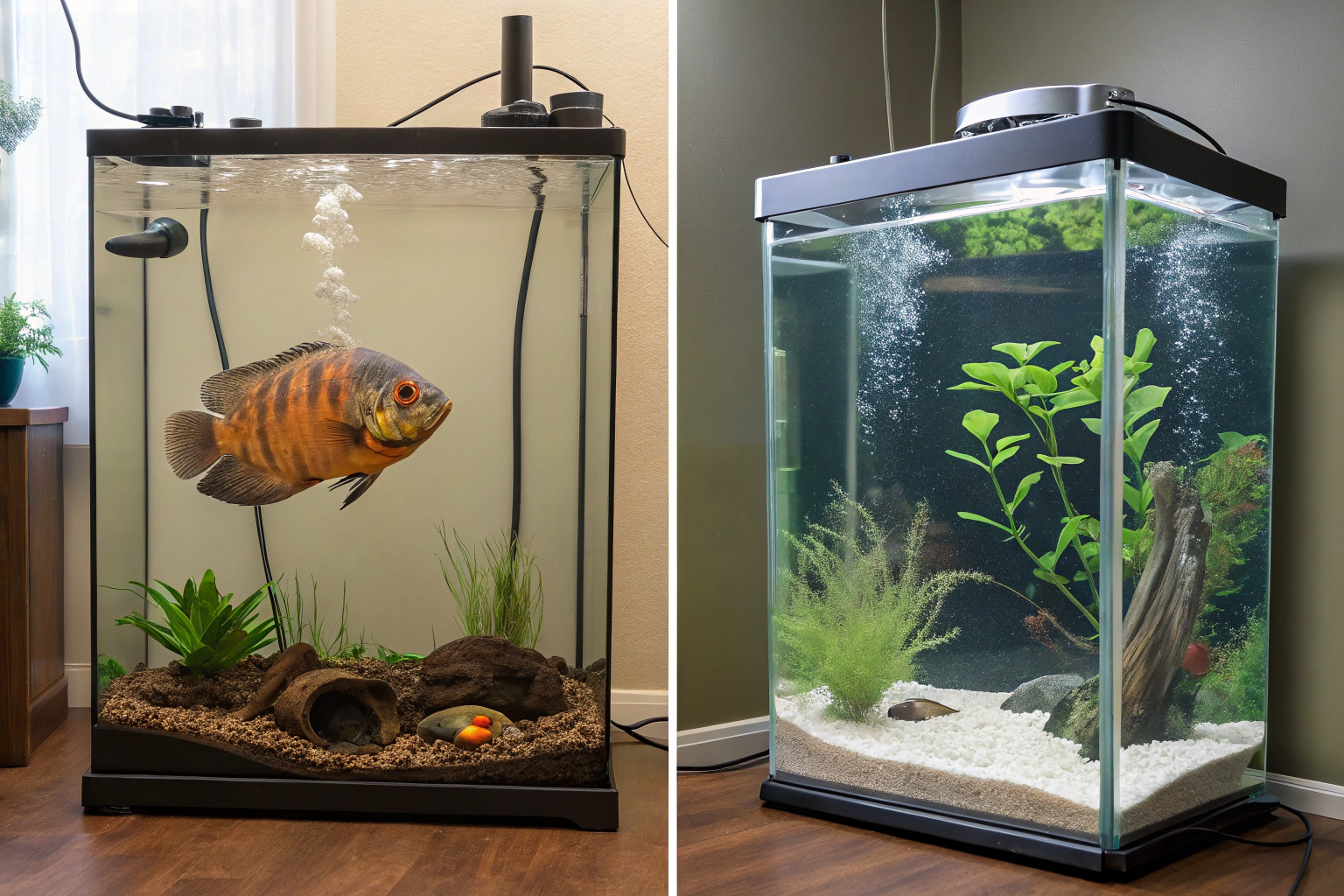split image showing oscar fish in cramped 75 gallo