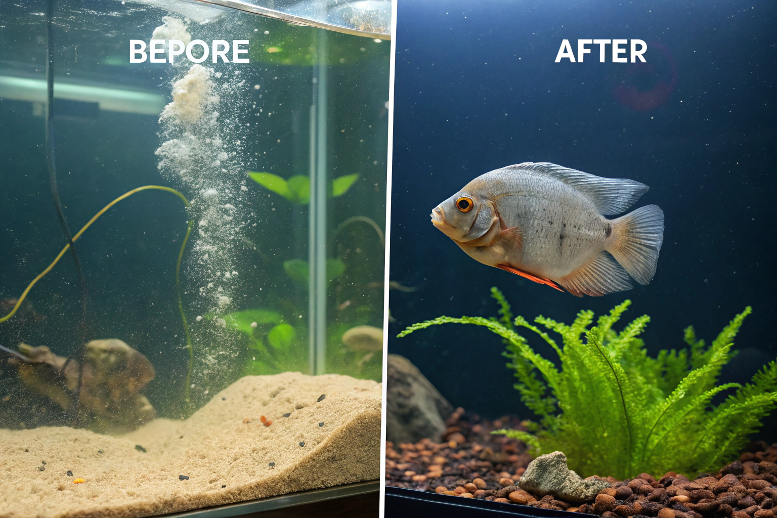 split screen comparison image showing oscar fish t 1