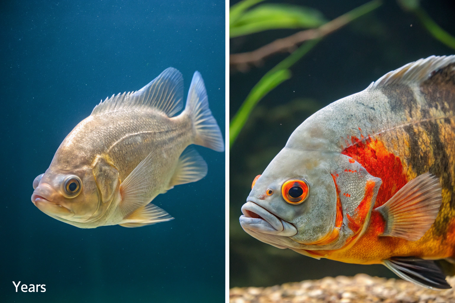 split screen comparison showing a young oscar fish 1