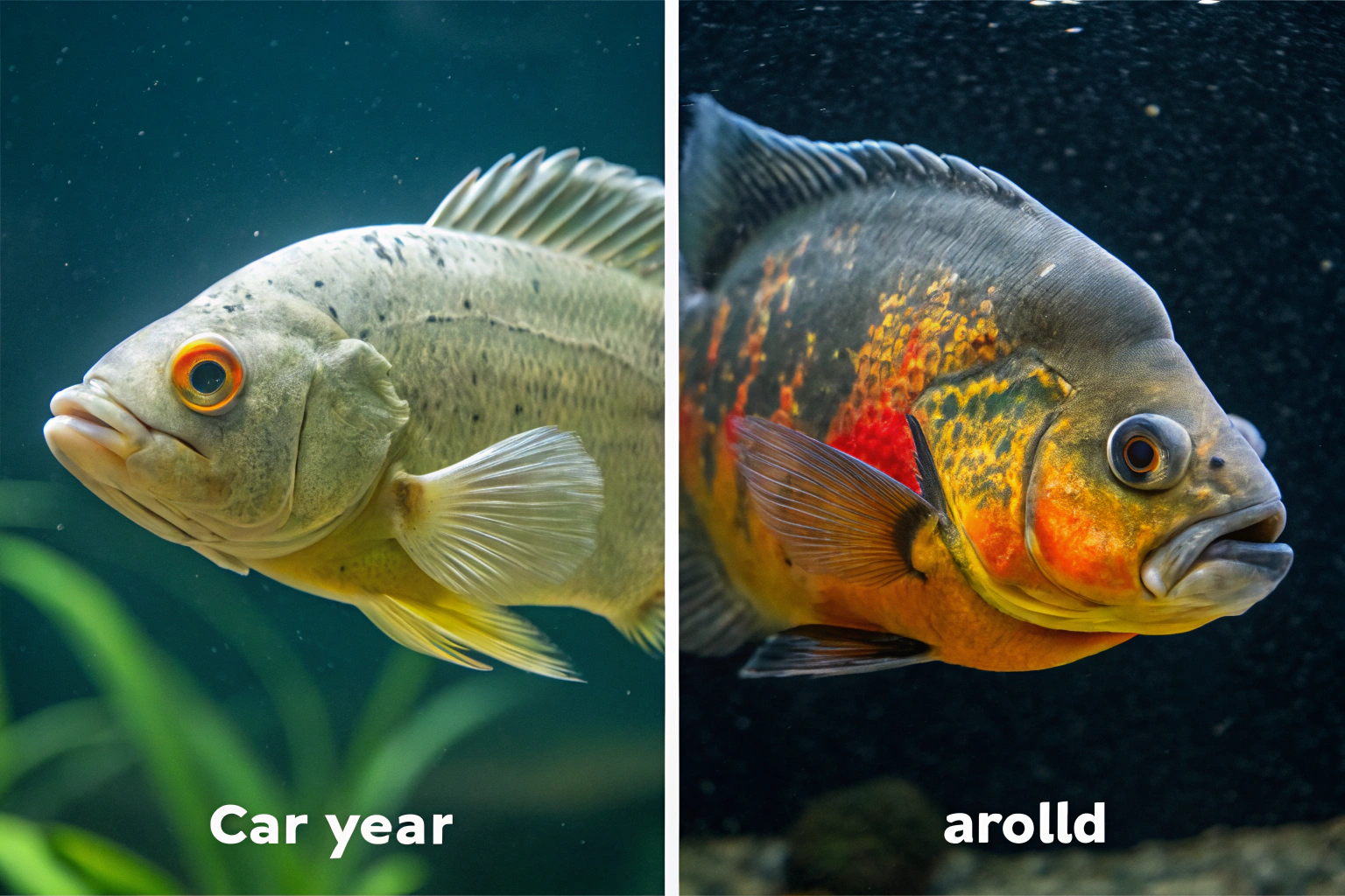 split screen comparison showing a young oscar fish