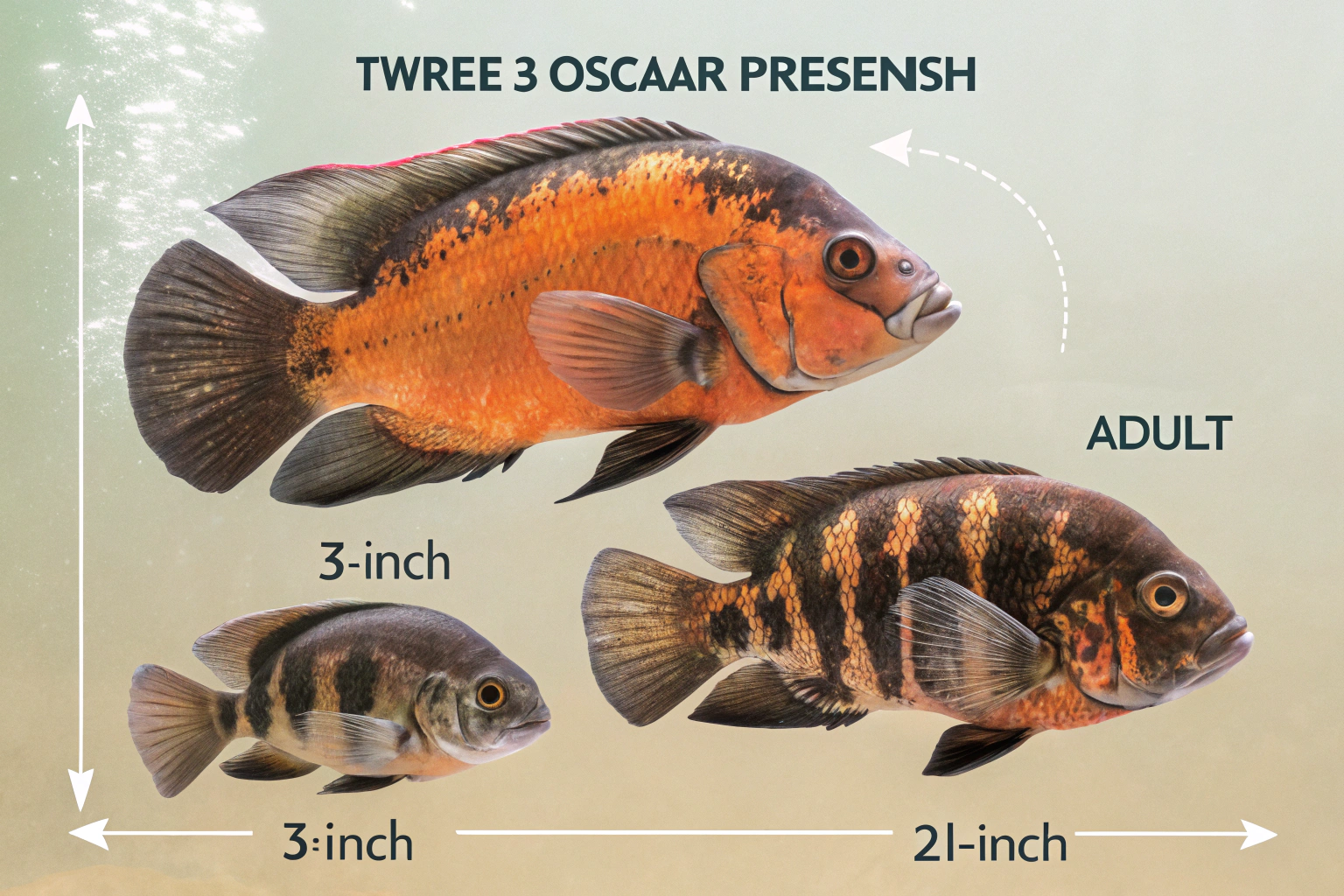 three oscar fish of different sizes showing growth