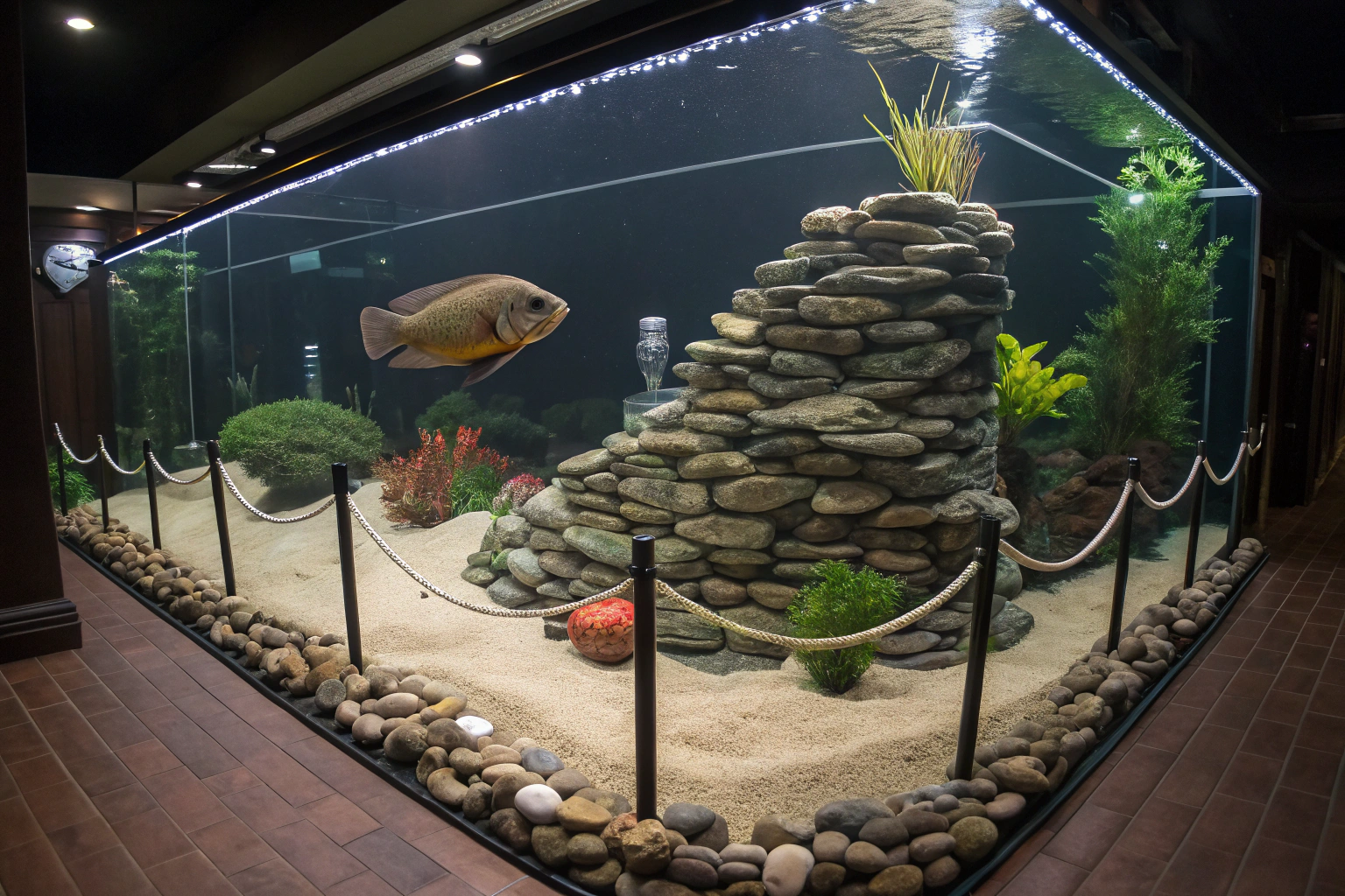 top down view of a large aquarium showing an oscar