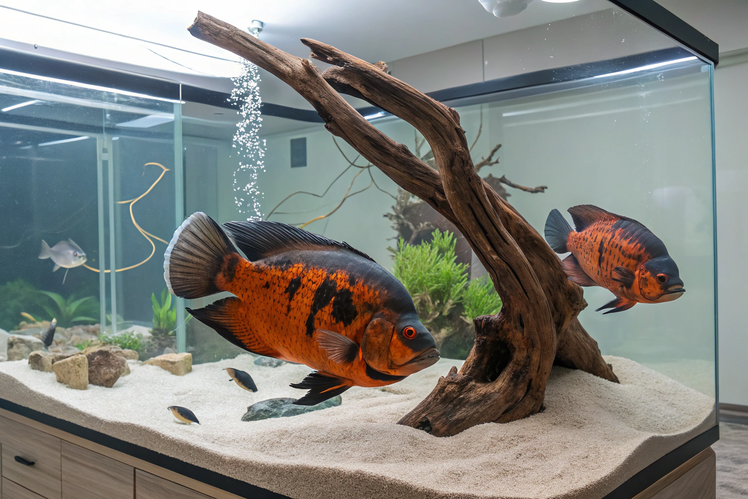 two large adult oscar fish swimming in a spacious 1