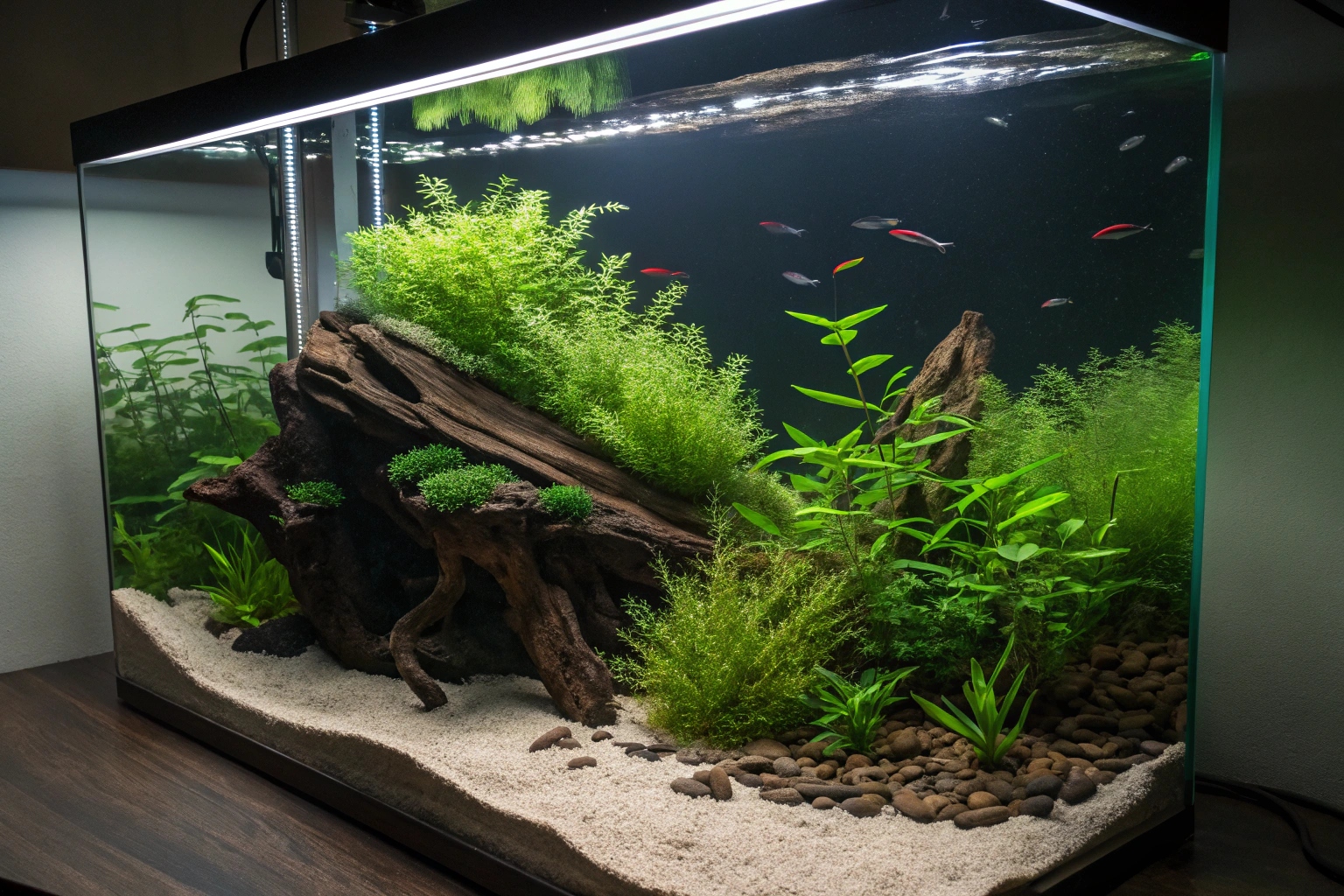 wide angle view of a beautifully aquascaped freshw