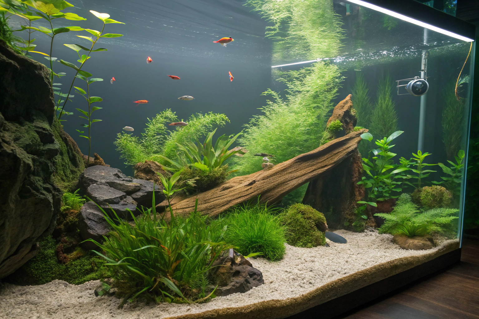 wide view of a meticulously aquascaped freshwater